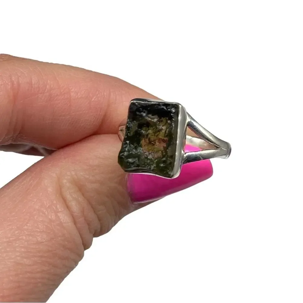 Moldavite Ring Size 9 Solid 925 Sterling Silver Raw Rough Stone Genuine Natural - Picture 6 of 8